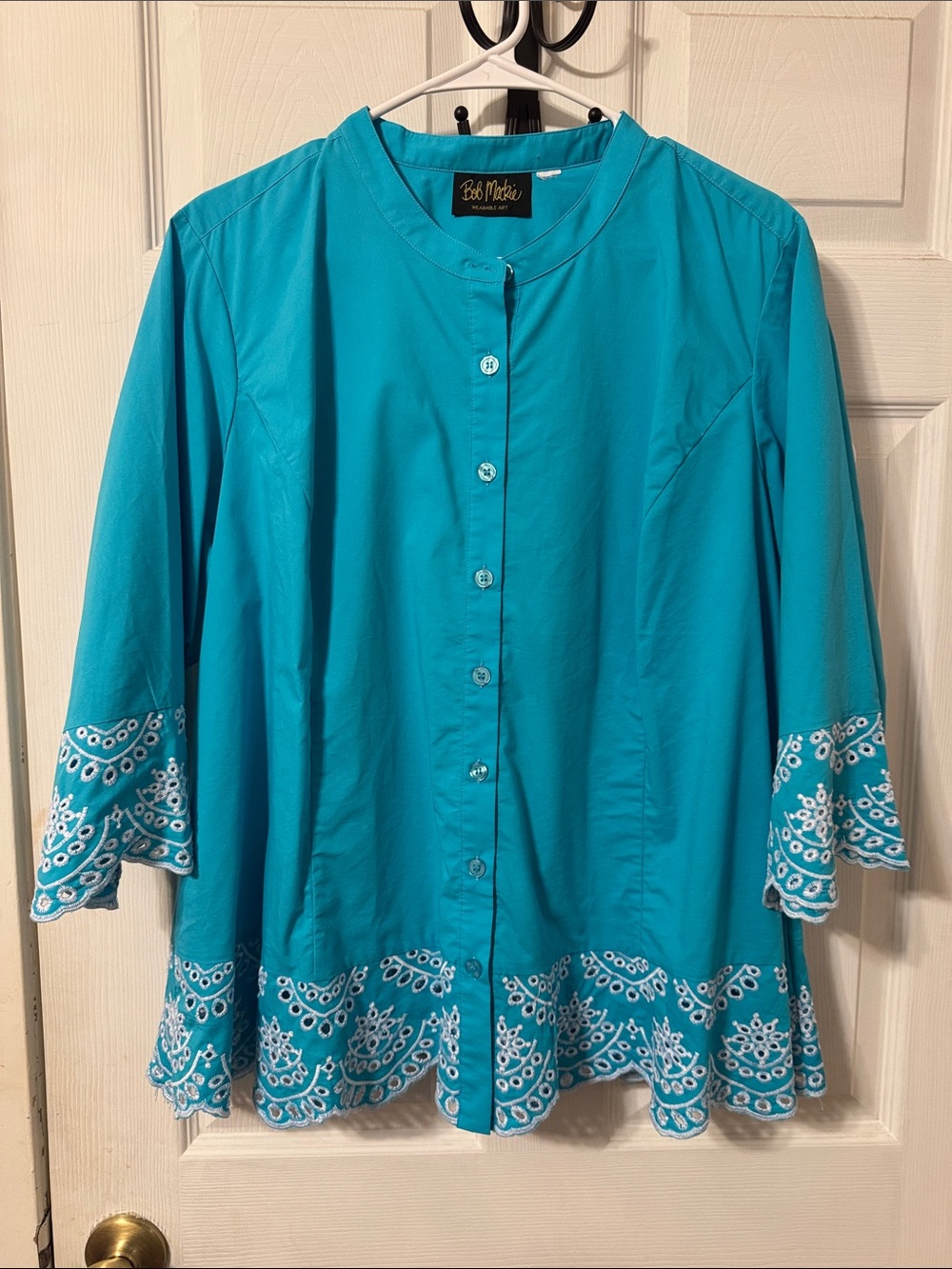 Bob Mackie Teal Button-Front Tunic with White Scallop Embroidery